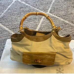 Elegant Tan and Brown Handbag with Bamboo Handle